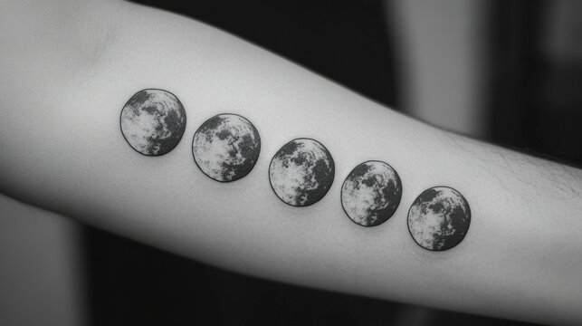 A moon phase tattoo showing all the phases from new moon to full moon, arranged in a row across the forearm or spine.