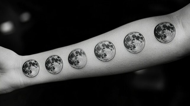 A moon phase tattoo showing all the phases from new moon to full moon, arranged in a row across the forearm or spine.