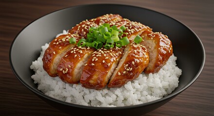 This image features sliced teriyaki chicken served over white rice, garnished with sesame seeds and chopped green onions in a black bowl.