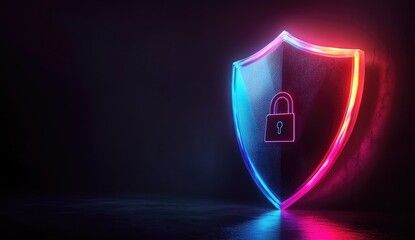 Neon shield with lock graphic, dark background