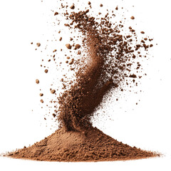 Brown coffee powder spiraling upward from a mound on a clean surface, transparent background, cutout PNG