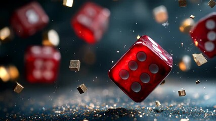 A red translucent die rolls through the air, surrounded by glittering golden particles, creating a dynamic and luxurious gambling scene. - Powered by Adobe