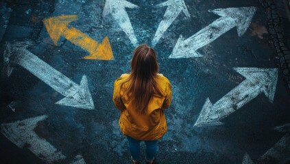 Choosing future profession. Girl standing in front of drawn signs on asphalt, top view.