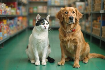 A cat and a dog in a pet store