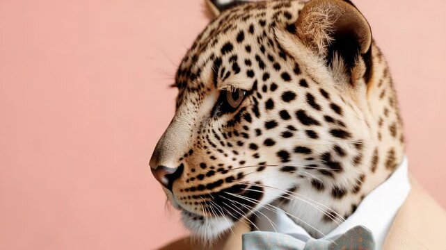 Fashionable leopard in suit and bowtie on soft pink background
