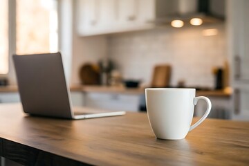 Obraz premium Laptop and Mug on a Wooden Table in a Modern Kitchen Setting