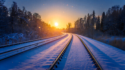 Fototapeta premium Snow-covered train tracks curve towards a vibrant winter sunset, creating a serene and peaceful landscape.