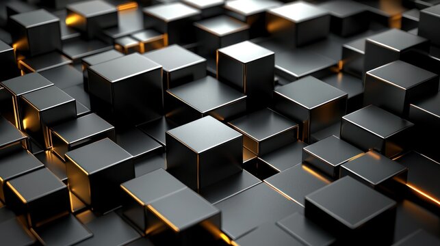 A dense array of metallic black cubes, with highlights of warm gold or amber light.  