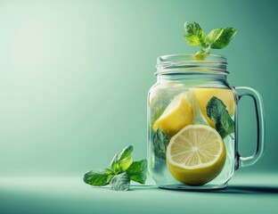 Refreshing lemonade in a glass mason jar, garnished with mint