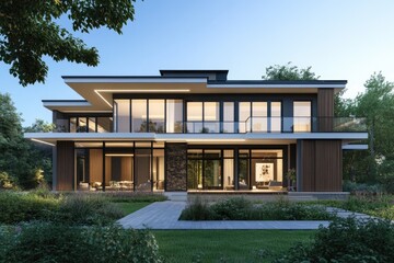 Fototapeta premium Modern, luxury home exterior at twilight. Large, glass-fronted house with dark exterior. Landscaped yard with trees and flowers