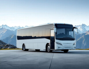 High-resolution mockup of a modern bus on a scenic mountain road. Great for outdoor adventure branding, transportation visuals, and tourism marketing.