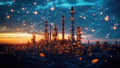 Industrial complex at sunset, connected by digital network
