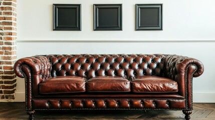 Brown leather Chesterfield sofa in a classic interior.