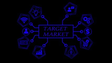 Digital network diagram illustrating business and technology icons on black background with data flow