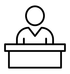 Receptionist at Desk Icon: Simple line art icon depicting a receptionist sitting at a desk, representing customer service, help, and support.