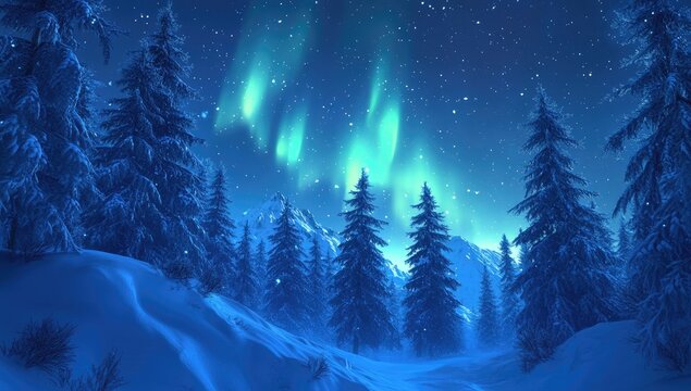 Winter wonderland scene with aurora borealis