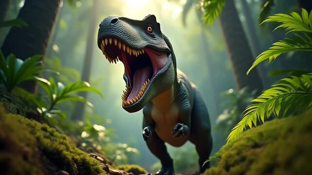 Roaring dinosaur in prehistoric jungle scene  
