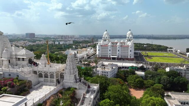 Hyderabad, India: Aerial view of Birla Mandir, iconic Hindu temple in capital and largest city of Indian state of Telangana - landscape panorama of South Asia from above
