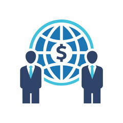 Global Business Partnership Icon Two Businessmen Stand Beside a Blue Globe with a Dollar Sign on a White Background
