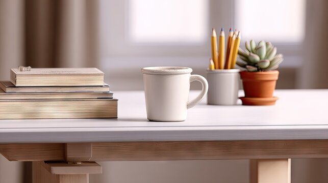 Cozy workspace with mug and books