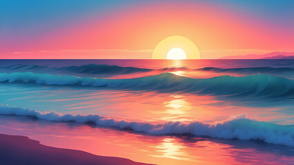 Turquoise Ocean Waves at Sunset with Pink Sky and Vibrant Colors