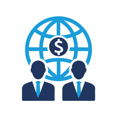 Two Businessmen Icon Global Finance Teamwork Partnership Blue and Dark Blue Globe Dollar Sign