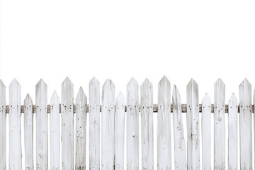 Rustic white picket fence with wooden panels isolated against bright background