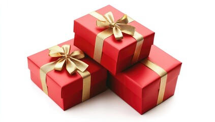 Three red gift boxes stacked, adorned with gold ribbon and bows
