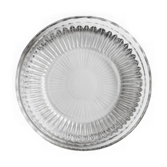 Overhead view of a clear glass bowl with radial ridges on a white background
