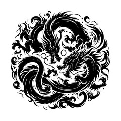 Fototapeta premium Two black dragons entwined in circular design