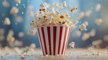 Popcorn Flying Out of Striped Container Title: Popcorn Exploding from a Red and White Striped Cup Tags
