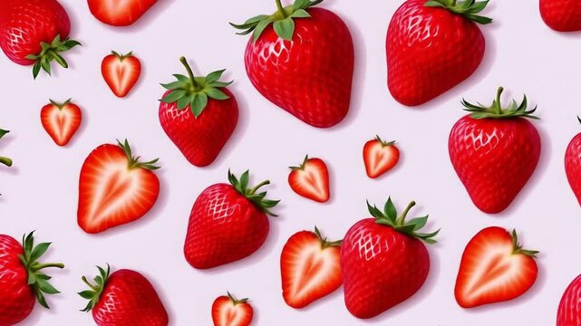 Seamless pattern of strawberries and strawberry halves, flat vector style, background color lavender