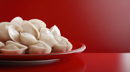 3d rendering, a plate of dumplings close-up, red background, large area of white space, fresh and clean picture