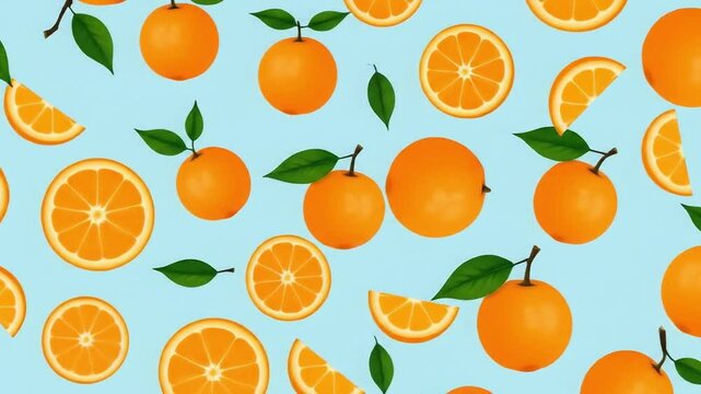 Seamless pattern of oranges and orange slices, flat vector style, background color light blue