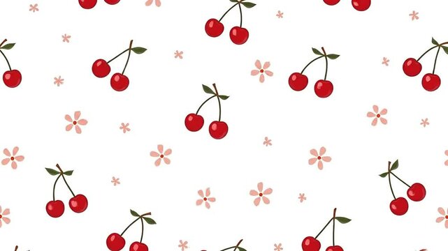 Seamless pattern of cherries and tiny blossoms, flat vector style, background color of small-scalef-white