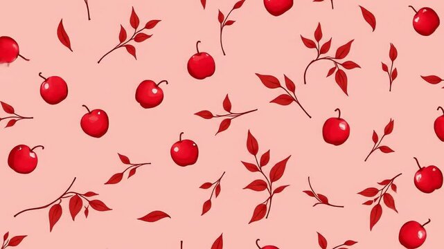 Seamless pattern of cranberries and leaves, flat vector style, background color pale red