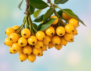 a bunch of small, ripe fruit dominates the left side of the image, with a bright, soft background occupying the right, the fruits are a uniform, sunny yellow