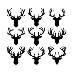 Nine black silhouette deer head designs with antlers
