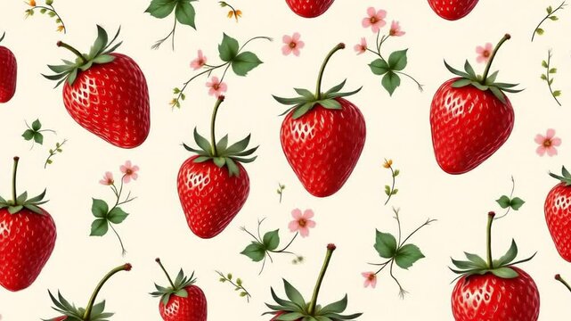 seamless pattern of strawberries on vintage floral fabric texture background