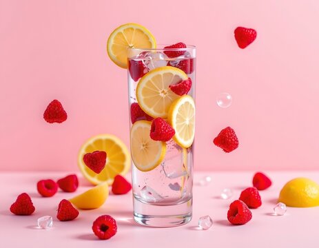 the image features a tall glass filled with a fizzy, pale liquid, ice, and fruit slices, a thin lemon slice rests on the rim, with raspberries and lemon slices inside the glass - Powered by Adobe