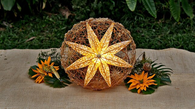 Close-up of a luminous golden ornament with cultural motifs decorating a festive parade float