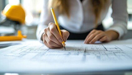 Close-up of a woman working on architectural blueprints