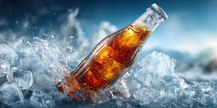Classic cola bottle chilled in ice with dramatic splash, ideal for beverage advertising and summer promotions.