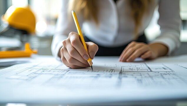 Close-up of a woman working on architectural blueprints