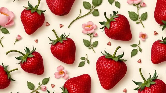 seamless pattern of slide left to right  strawberries on vintage floral fabric texture background