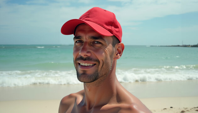 Smiling man in red cap standing by the beach on sunny day  