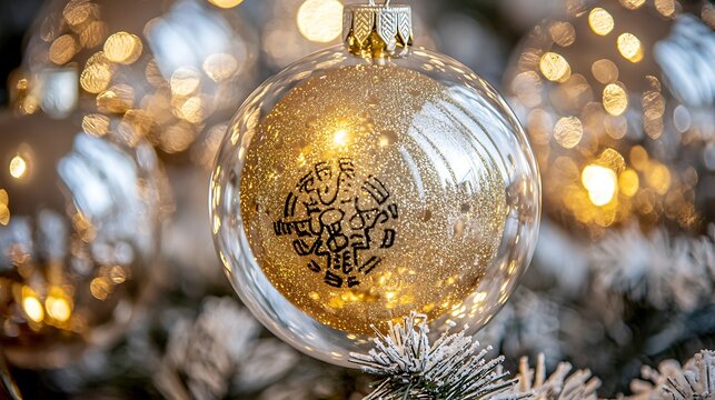 Close-up of a luminous golden ornament with cultural motifs decorating a festive parade float