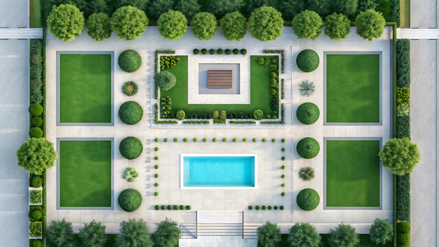 Aerial view of a luxurious geometric garden design