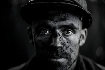 Miner's Portrait: Close-Up of a Worker in a Coal Mine Helmet