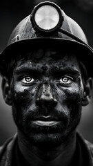 Miner's Portrait: Close-Up of a Worker in a Coal Mine Helmet